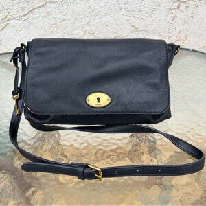 Fossil Gabriella Pebbled Black Leather Medium Flap Crossbody